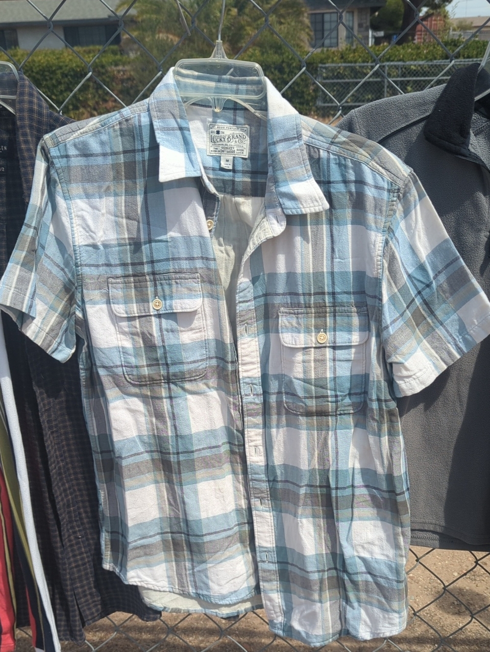 Lucky Brand Light Blue and White Plaid Short-Sleeve Button-Down Shirt